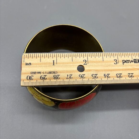 Brass Bangle Bracelet Hand Painted Floral Enamel Wide Boho Retro Vintage Style - Picture 7 of 9